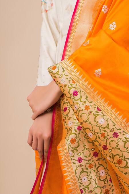 Ekaya Banaras_Orange Banarasi Silk Dupatta_Online_at_Aza_Fashions