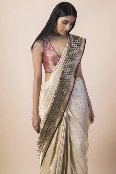Shop Ekaya Banaras Beige Banarasi Silk Saree With Running Blouse Fabric at Aza Fashions Shop_Ekaya Banaras_Beige Banarasi Silk Saree With Running Blouse Fabric_at_Aza_Fashions