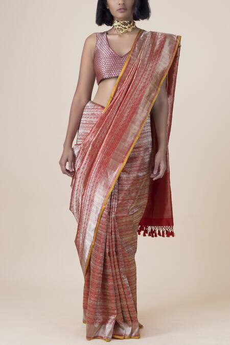 Ekaya Banaras Red Banarasi Silk Saree With Running Blouse Fabric
