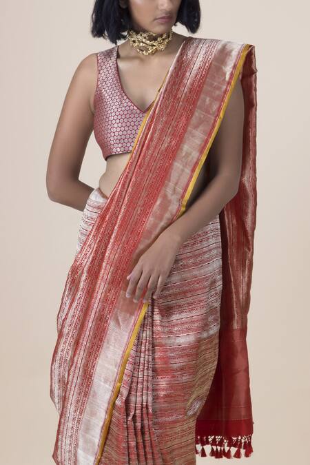 Shop Ekaya Banaras Red Banarasi Silk Saree With Running Blouse Fabric at Aza Fashions Shop_Ekaya Banaras_Red Banarasi Silk Saree With Running Blouse Fabric_at_Aza_Fashions