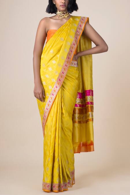 Ekaya Banaras Yellow Silk Saree With Running Blouse Fabric