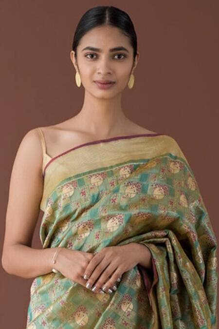 Ekaya Banaras Green Banarasi Silk Saree With Running Blouse Fabric Online at Aza Fashions Ekaya Banaras_Green Banarasi Silk Saree With Running Blouse Fabric_Online_at_Aza_Fashions