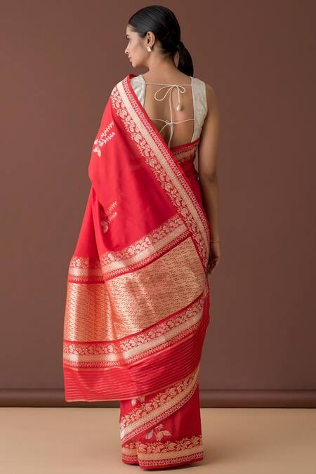 Shop Ekaya Banaras Red Banarasi Silk Saree at Aza Fashions Shop_Ekaya Banaras_Red Banarasi Silk Saree_at_Aza_Fashions