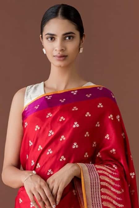 Ekaya Banaras_Red Banarasi Silk Saree With Running Blouse Fabric_Online_at_Aza_Fashions