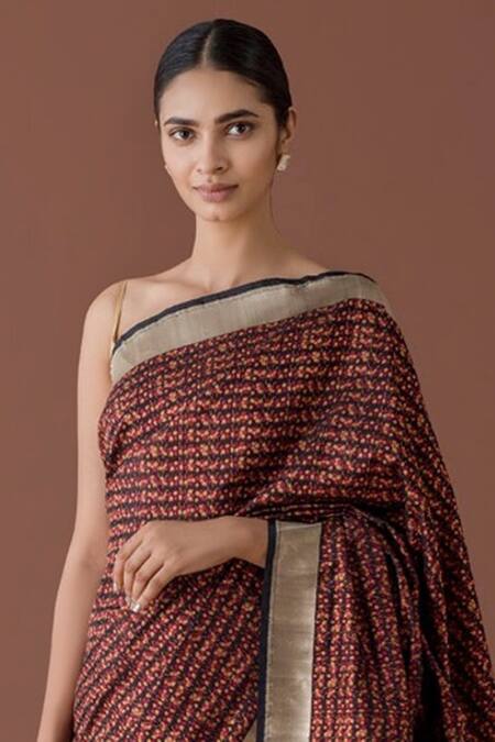 Buy_Ekaya Banaras_Brown Banarasi Silk Saree With Running Blouse Fabric_Online_at_Aza_Fashions