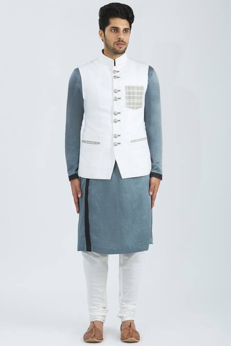 Shop Nivedita Saboo White Silk Linen Checkered Bundi Online at Aza Fashions Shop_Nivedita Saboo_White Silk Linen Checkered Bundi _Online_at_Aza_Fashions