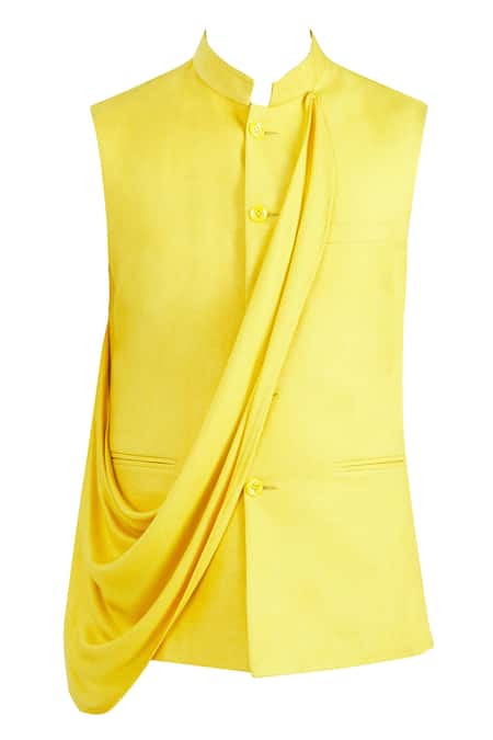 Buy_Nivedita Saboo_Yellow Cotton Suiting Slim Fit Draped Bundi  _Online_at_Aza_Fashions