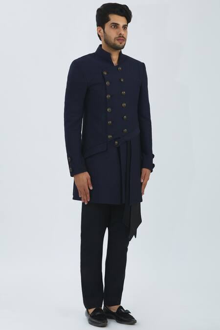 Nivedita Saboo_Blue Textured Suiting Asymmetric Bandhgala Set _Online_at_Aza_Fashions