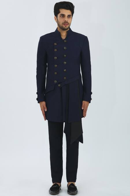 Buy_Nivedita Saboo_Blue Textured Suiting Asymmetric Bandhgala Set _Online_at_Aza_Fashions