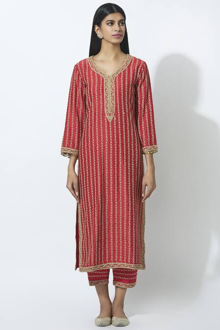 Buy_Rar Studio_Red Chanderi Handloom Kurta Set_Online_at_Aza_Fashions