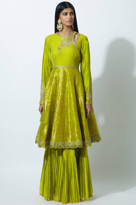 Buy_Rar Studio_Green Chanderi Handloom Kurta Lehenga Set_Online_at_Aza_Fashions