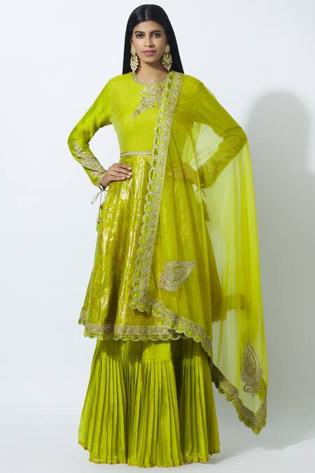 Rar Studio_Green Chanderi Handloom Kurta Lehenga Set_Online_at_Aza_Fashions