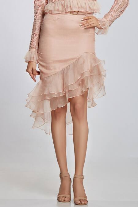 Shop Ohaila Khan Pink Organza, Net Ruffle Asymmetric Skirt Online at Aza Fashions Shop_Ohaila Khan_Pink Organza, Net Ruffle Asymmetric Skirt _Online_at_Aza_Fashions