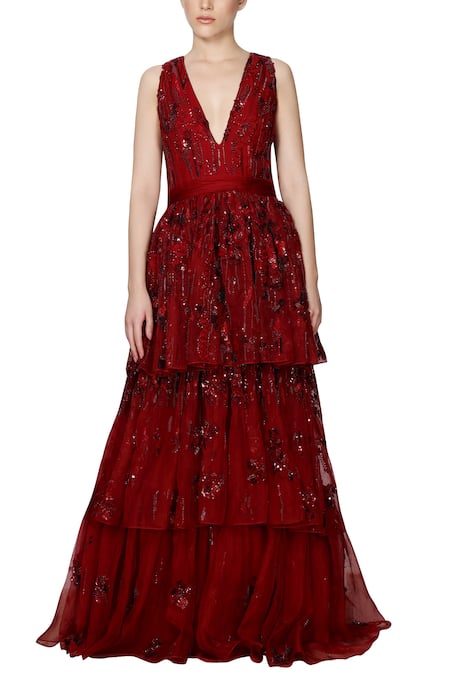 Ohaila Khan Maroon Organza V Neck Embroidered Layered Gown