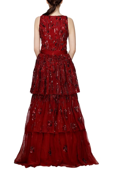 Shop Ohaila Khan Maroon Organza V Neck Embroidered Layered Gown at Aza Fashions Shop_Ohaila Khan_Maroon Organza V Neck Embroidered Layered Gown _at_Aza_Fashions