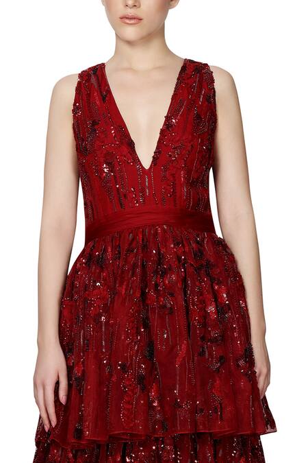 Ohaila Khan Maroon Organza V Neck Embroidered Layered Gown Online at Aza Fashions Ohaila Khan_Maroon Organza V Neck Embroidered Layered Gown _Online_at_Aza_Fashions