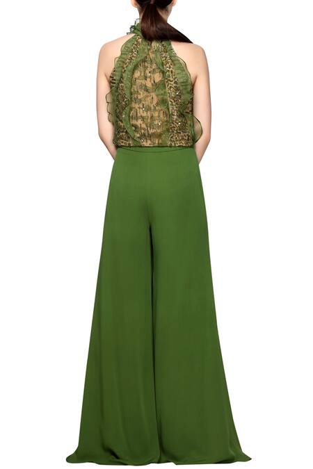 Shop Ohaila Khan Green Organza, Net Halter Ruffle Embellished Top at Aza Fashions Shop_Ohaila Khan_Green Organza, Net Halter Ruffle Embellished Top _at_Aza_Fashions
