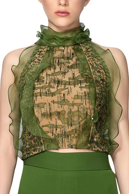 Ohaila Khan Green Organza, Net Halter Ruffle Embellished Top Online at Aza Fashions Ohaila Khan_Green Organza, Net Halter Ruffle Embellished Top _Online_at_Aza_Fashions