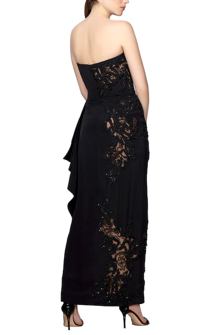 Shop Ohaila Khan Black Net, Satin Cady Bandeau Embroidered Dress at Aza Fashions Shop_Ohaila Khan_Black Net, Satin Cady Bandeau Embroidered Dress _at_Aza_Fashions