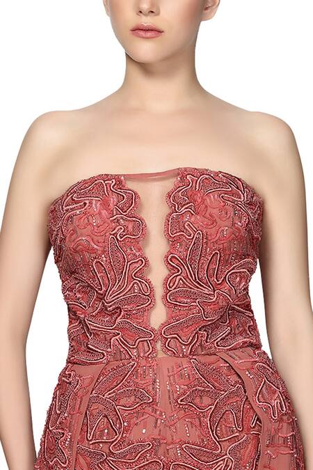 Ohaila Khan_Pink Georgette Bandeau Embroidered Jumpsuit _Online_at_Aza_Fashions