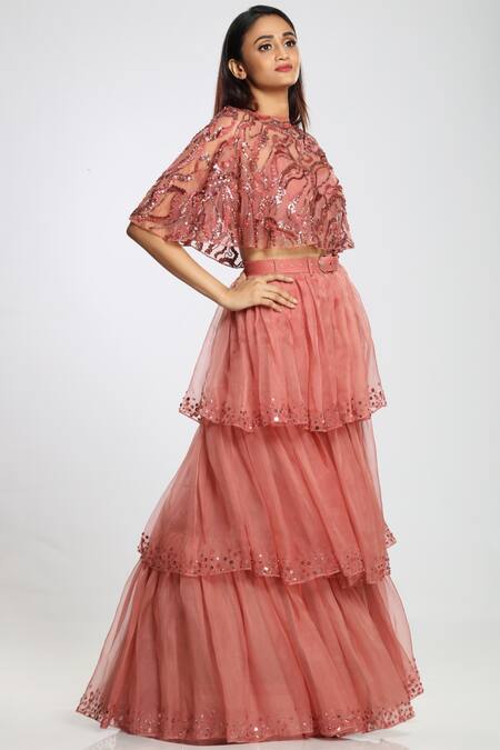 Ohaila Khan_Pink Organza, Crepe Round Embellished Cape _Online_at_Aza_Fashions