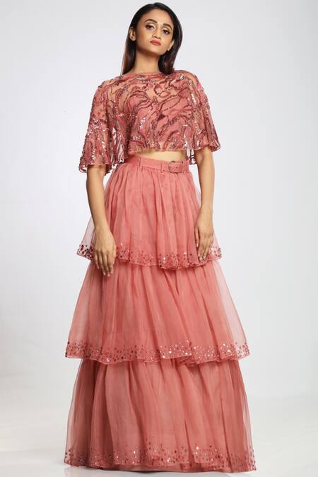 Buy_Ohaila Khan_Pink Organza, Crepe Round Embellished Cape _Online_at_Aza_Fashions