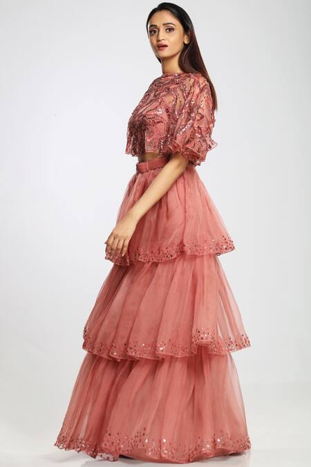 Shop_Ohaila Khan_Pink Organza, Crepe Round Embellished Cape _Online_at_Aza_Fashions