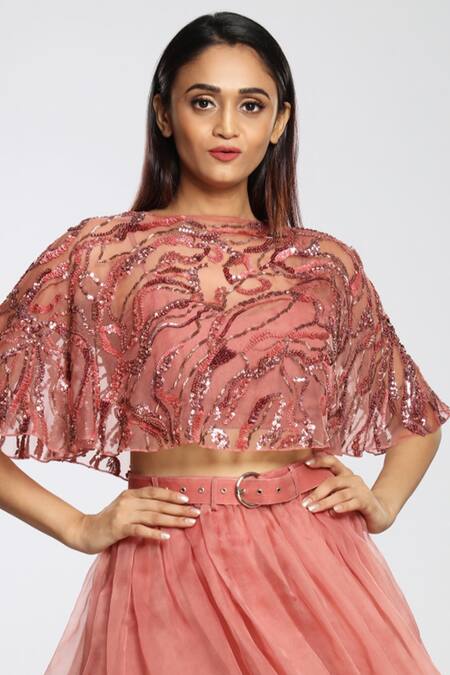 Ohaila Khan Pink Organza, Crepe Round Embellished Cape at Aza Fashions Ohaila Khan_Pink Organza, Crepe Round Embellished Cape _at_Aza_Fashions