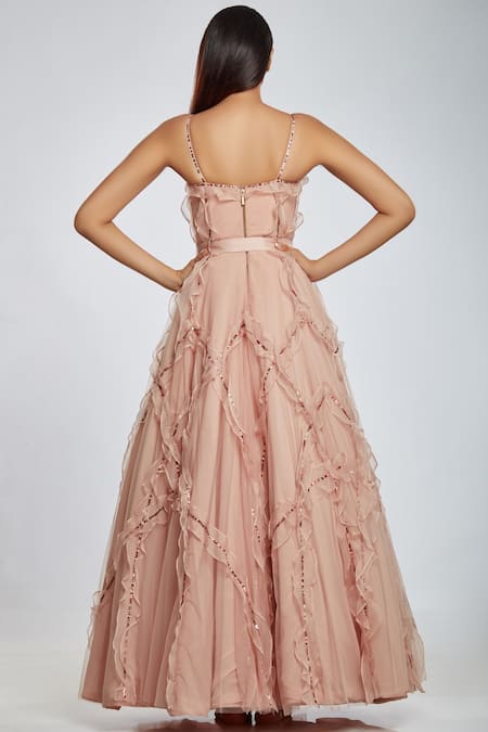 Shop Ohaila Khan Pink Organza, Tulle V Neck Ruffle Flared Gown at Aza Fashions Shop_Ohaila Khan_Pink Organza, Tulle V Neck Ruffle Flared Gown _at_Aza_Fashions