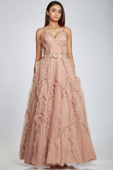 Ohaila Khan Pink Organza, Tulle V Neck Ruffle Flared Gown Online at Aza Fashions Ohaila Khan_Pink Organza, Tulle V Neck Ruffle Flared Gown _Online_at_Aza_Fashions