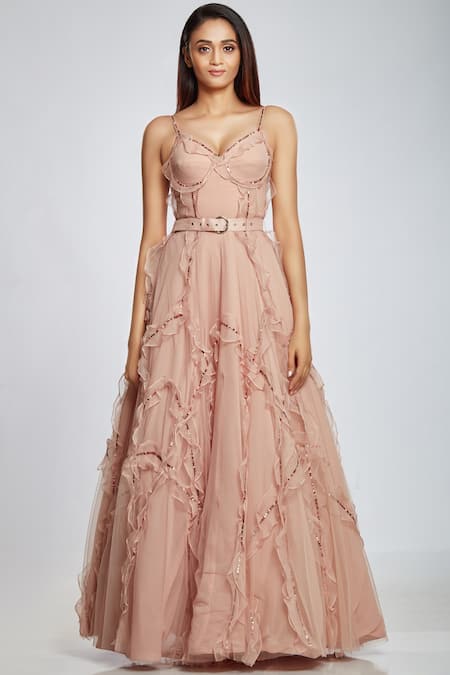 Buy Ohaila Khan Pink Organza, Tulle V Neck Ruffle Flared Gown Online at Aza Fashions Buy_Ohaila Khan_Pink Organza, Tulle V Neck Ruffle Flared Gown _Online_at_Aza_Fashions