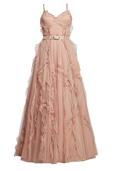 Shop Ohaila Khan Pink Organza, Tulle V Neck Ruffle Flared Gown Online at Aza Fashions Shop_Ohaila Khan_Pink Organza, Tulle V Neck Ruffle Flared Gown _Online_at_Aza_Fashions