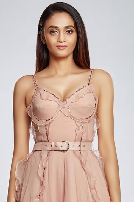 Ohaila Khan Pink Organza, Tulle V Neck Ruffle Flared Gown at Aza Fashions Ohaila Khan_Pink Organza, Tulle V Neck Ruffle Flared Gown _at_Aza_Fashions