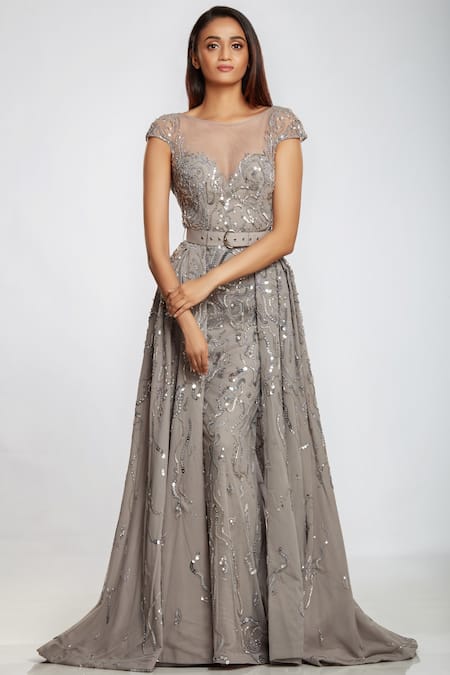 Ohaila Khan_Silver Tulle, Crepe Round Embellished Overlay Gown _Online_at_Aza_Fashions