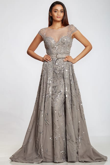 Shop_Ohaila Khan_Silver Tulle, Crepe Round Embellished Overlay Gown _Online_at_Aza_Fashions