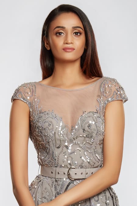 Ohaila Khan_Silver Tulle, Crepe Round Embellished Overlay Gown _at_Aza_Fashions