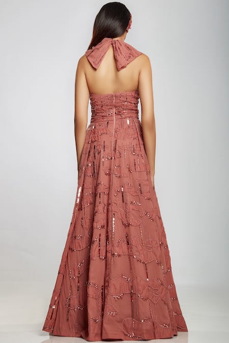 Shop Ohaila Khan Pink Organza, Net, Georgette Halter Flared Gown at Aza Fashions Shop_Ohaila Khan_Pink Organza, Net, Georgette Halter Flared Gown _at_Aza_Fashions