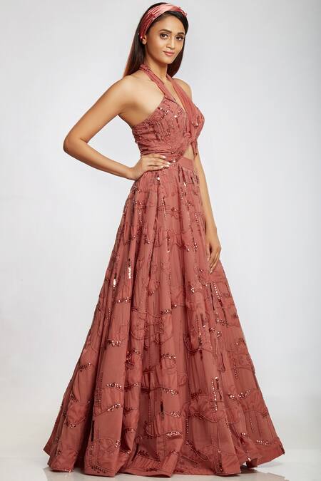 Ohaila Khan Pink Organza, Net, Georgette Halter Flared Gown Online at Aza Fashions Ohaila Khan_Pink Organza, Net, Georgette Halter Flared Gown _Online_at_Aza_Fashions