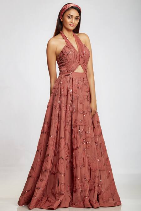 Buy Ohaila Khan Pink Organza, Net, Georgette Halter Flared Gown Online at Aza Fashions Buy_Ohaila Khan_Pink Organza, Net, Georgette Halter Flared Gown _Online_at_Aza_Fashions