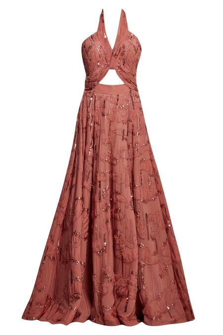 Shop Ohaila Khan Pink Organza, Net, Georgette Halter Flared Gown Online at Aza Fashions Shop_Ohaila Khan_Pink Organza, Net, Georgette Halter Flared Gown _Online_at_Aza_Fashions