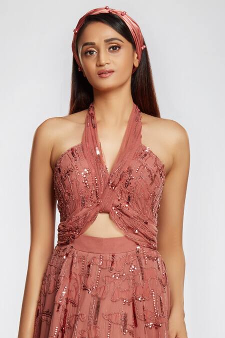 Ohaila Khan Pink Organza, Net, Georgette Halter Flared Gown at Aza Fashions Ohaila Khan_Pink Organza, Net, Georgette Halter Flared Gown _at_Aza_Fashions