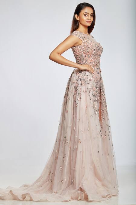 Ohaila Khan_Pink Tulle, Crepe Round Embellished Overlay Gown _Online_at_Aza_Fashions