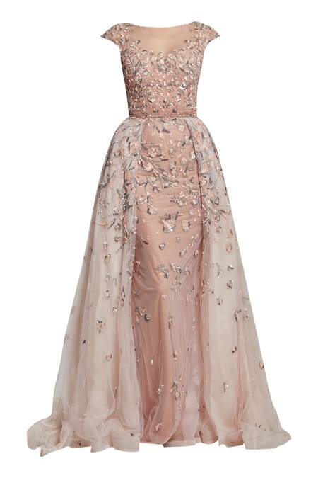 Buy_Ohaila Khan_Pink Tulle, Crepe Round Embellished Overlay Gown _Online_at_Aza_Fashions
