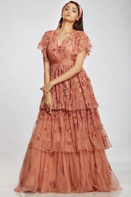 Buy Ohaila Khan Peach Organza, V Neck Embellished Layered Gown Online at Aza Fashions Buy_Ohaila Khan_Peach Organza, V Neck Embellished Layered Gown _Online_at_Aza_Fashions