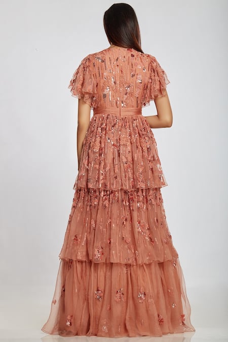Shop Ohaila Khan Peach Organza, V Neck Embellished Layered Gown at Aza Fashions Shop_Ohaila Khan_Peach Organza, V Neck Embellished Layered Gown _at_Aza_Fashions