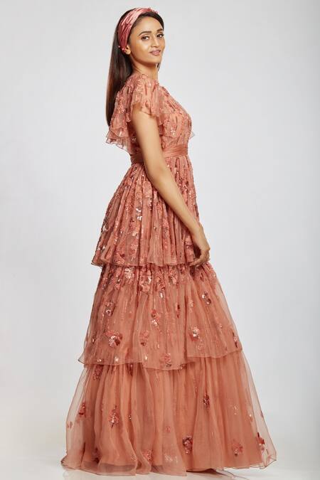 Ohaila Khan Peach Organza, V Neck Embellished Layered Gown Online at Aza Fashions Ohaila Khan_Peach Organza, V Neck Embellished Layered Gown _Online_at_Aza_Fashions