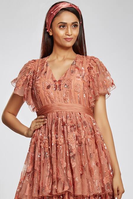 Shop Ohaila Khan Peach Organza, V Neck Embellished Layered Gown Online at Aza Fashions Shop_Ohaila Khan_Peach Organza, V Neck Embellished Layered Gown _Online_at_Aza_Fashions