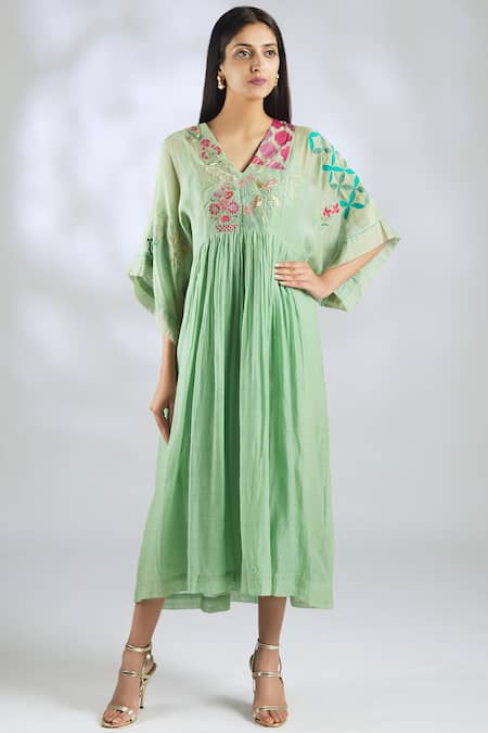 Half Full Curve Green Handloom Chanderi Midi Dress