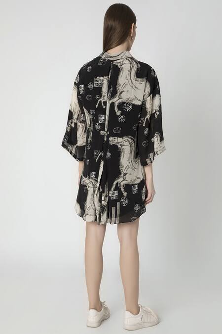 Shop_Masaba_Black Crepe Stallion Print Short Dress_at_Aza_Fashions