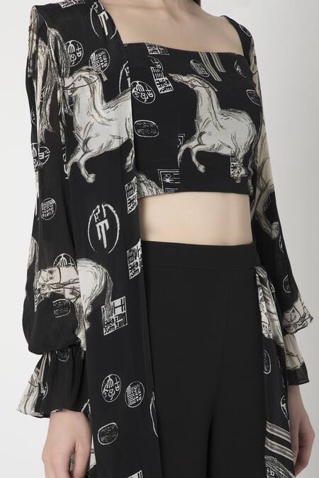 Masaba_Black Crepe Stallion Print Pant Saree_Online_at_Aza_Fashions